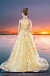 Yellow Sequin Floral Pageant Dress - Brydealo Couture